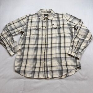 Dark Seas Division Mens Large Plaid Button Up Shirt Long Sleeve Cream Black Tan
